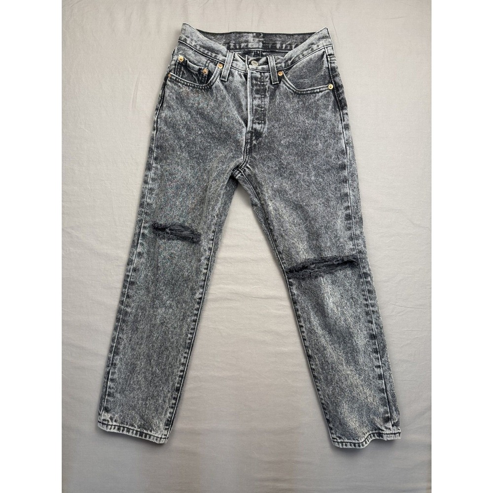 Levi's 501 Jeans Salsa Center Black Distressed Cropped 100% Cotton 24